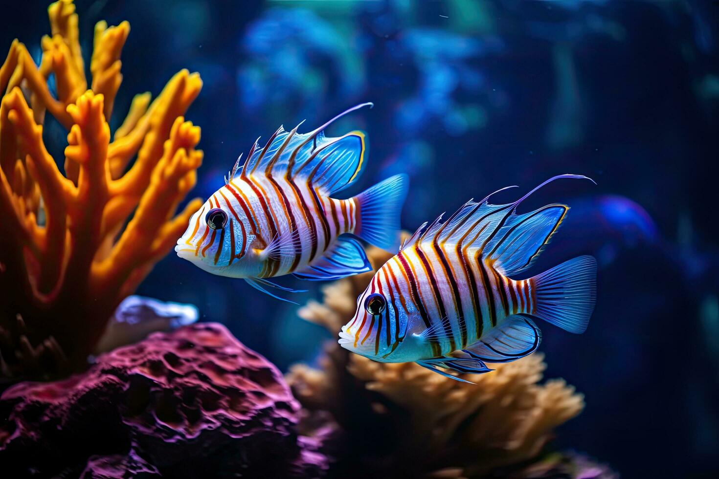 tropisch Fisch im ein Aquarium. Aquarium mit bunt Fisch, tropisch Fisch im das Aquarium. unter Wasser Welt. Marine Leben, ai generiert foto