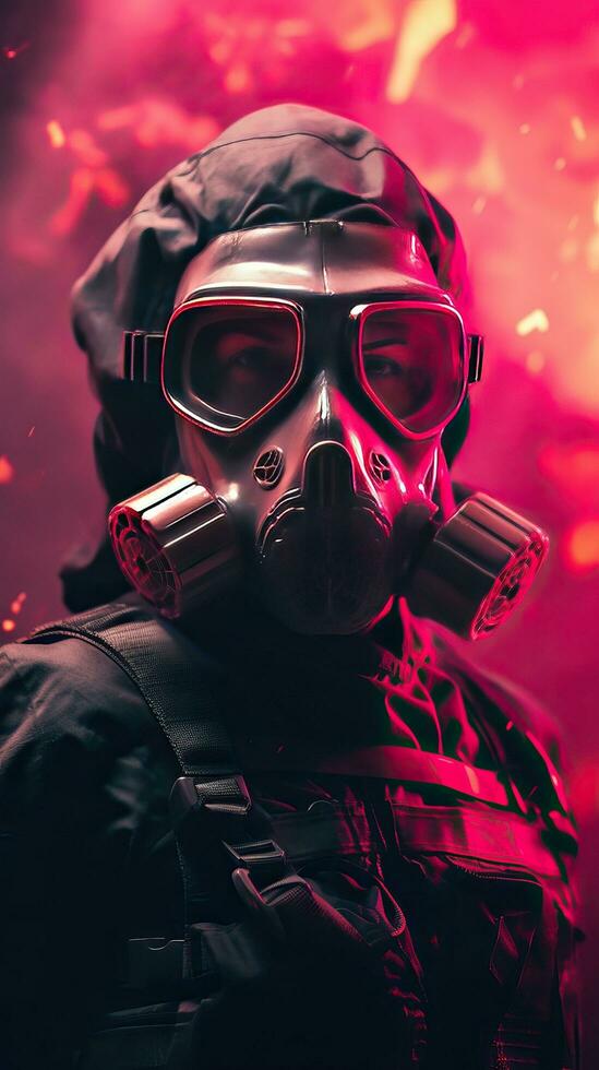 Cyberpunk Charakter tragen Gas Maske mit Rosa Thema. generativ ai foto