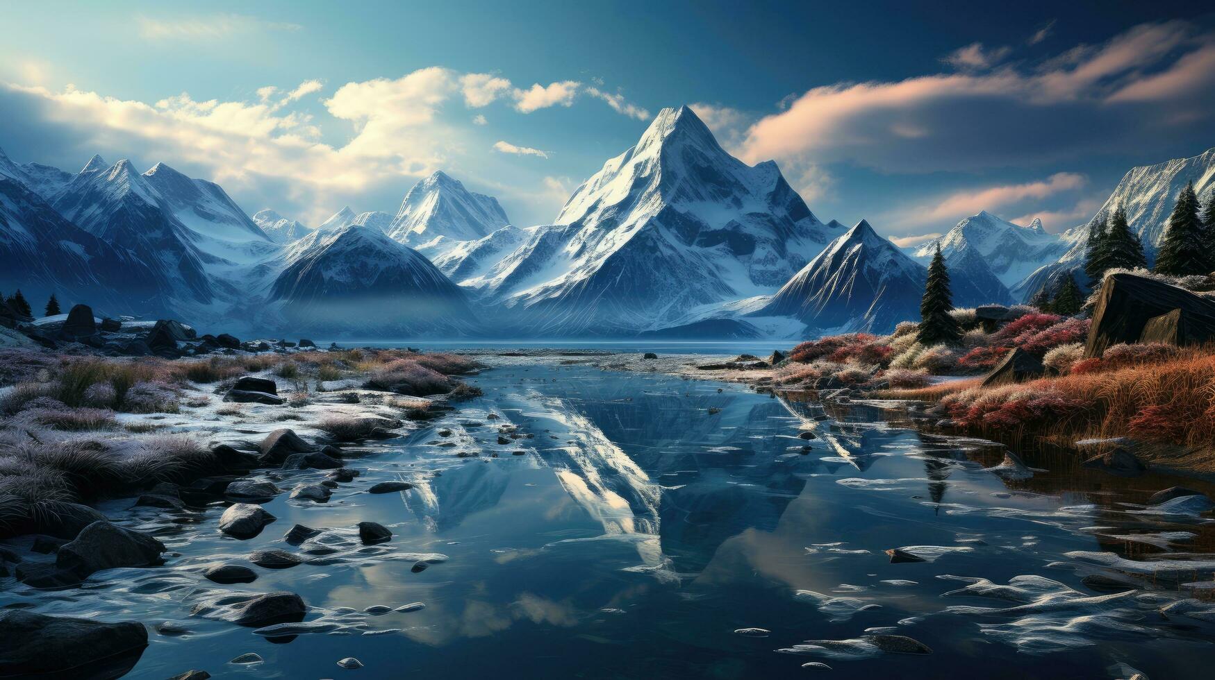 gefroren Eis See und hoch schneebedeckt Winter Berge beim Sonnenuntergang, schön Berg natürlich Landschaft foto