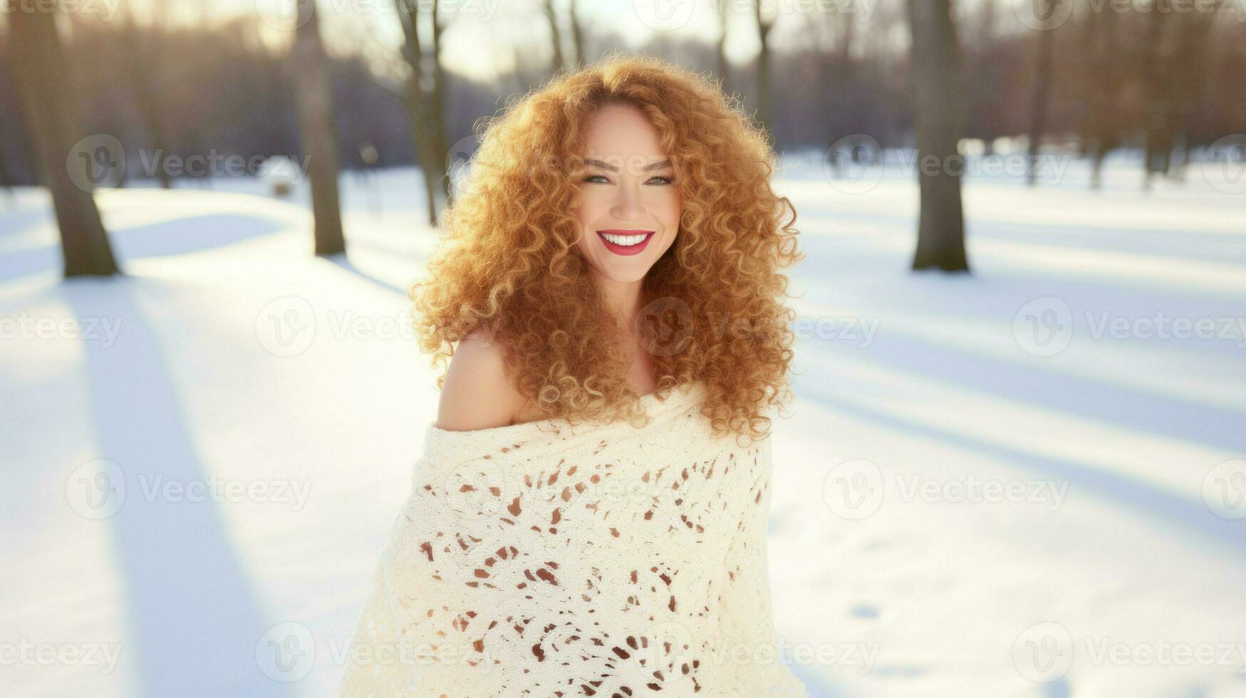 froh Frau mit lockig rot Haar im ein Winter Einstellung.. generativ ai foto