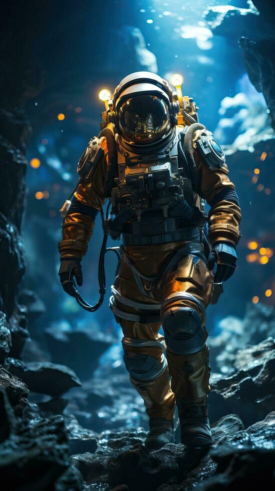 Astronaut tragen Raumanzug Gehen Innerhalb das Höhle mit Blau Licht. generativ ai foto
