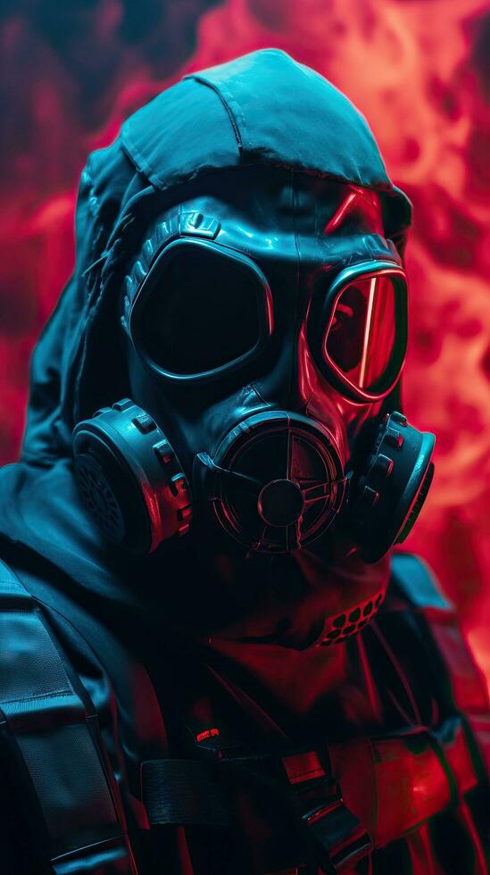 Fantasie Cyberpunk Charakter tragen Gas Maske mit Blau Thema. generativ ai foto