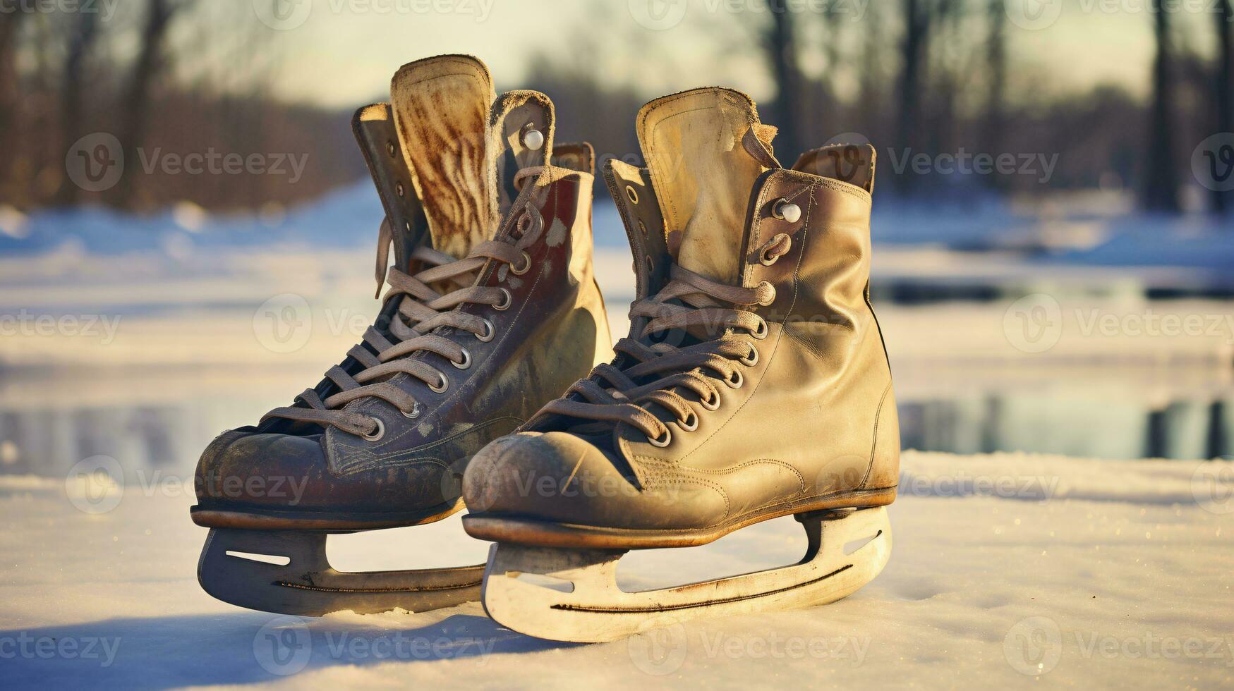 ai generativ ein Paar von Jahrgang, retro Eis Rollschuhe durch ein gefroren See im das Schnee foto