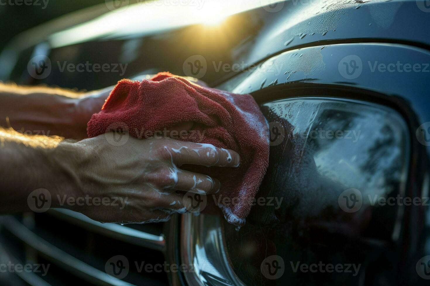 Mann Waschen Auto Scheinwerfer mit Lappen Nahansicht beim Morgen Tag. generieren ai foto