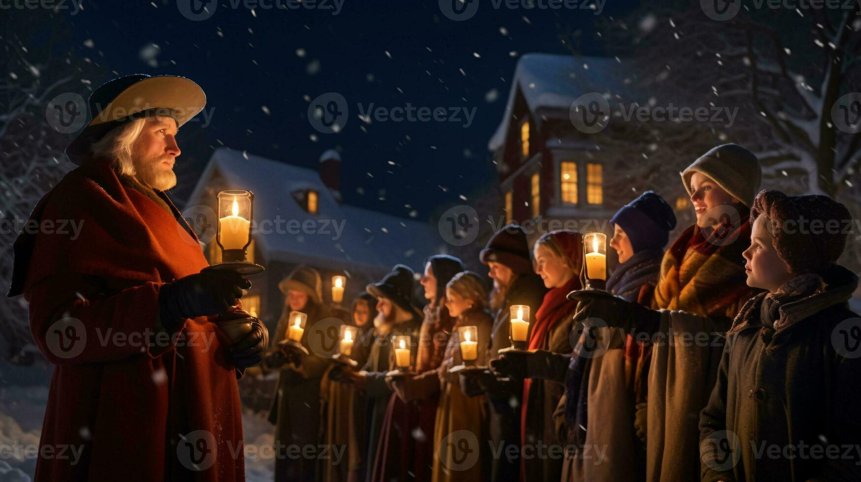 ai generativ Menschen, Kinder und Erwachsene von anders ethnische Zugehörigkeit und Kultur, Singen Weihnachten Weihnachtslieder durch Nacht mit Kerze im ihr Hände foto