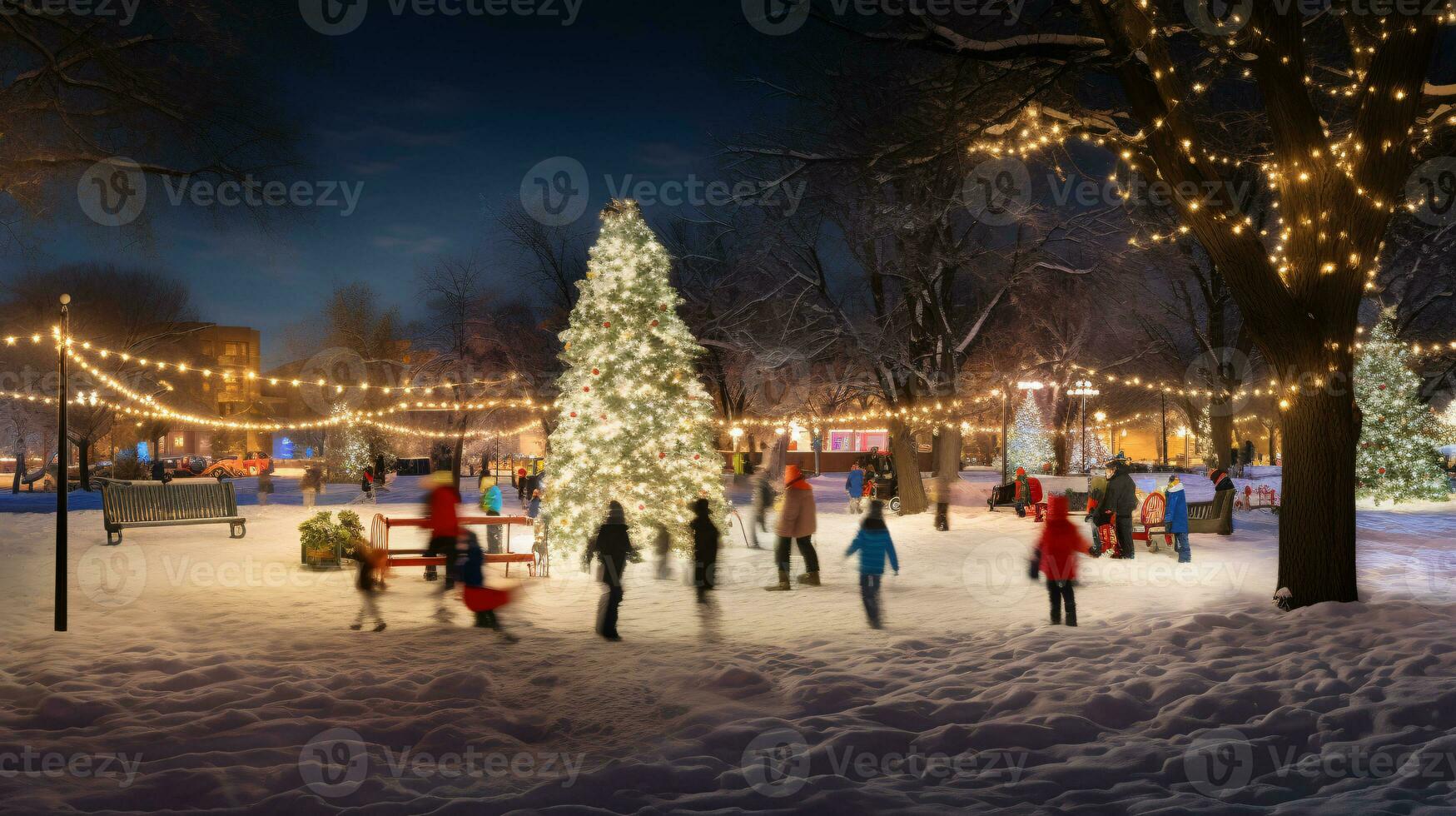 ai generativ Menschen im Weihnachten Park durch Nacht spielen mit ihr Kinder, Weihnachten Gefühl foto