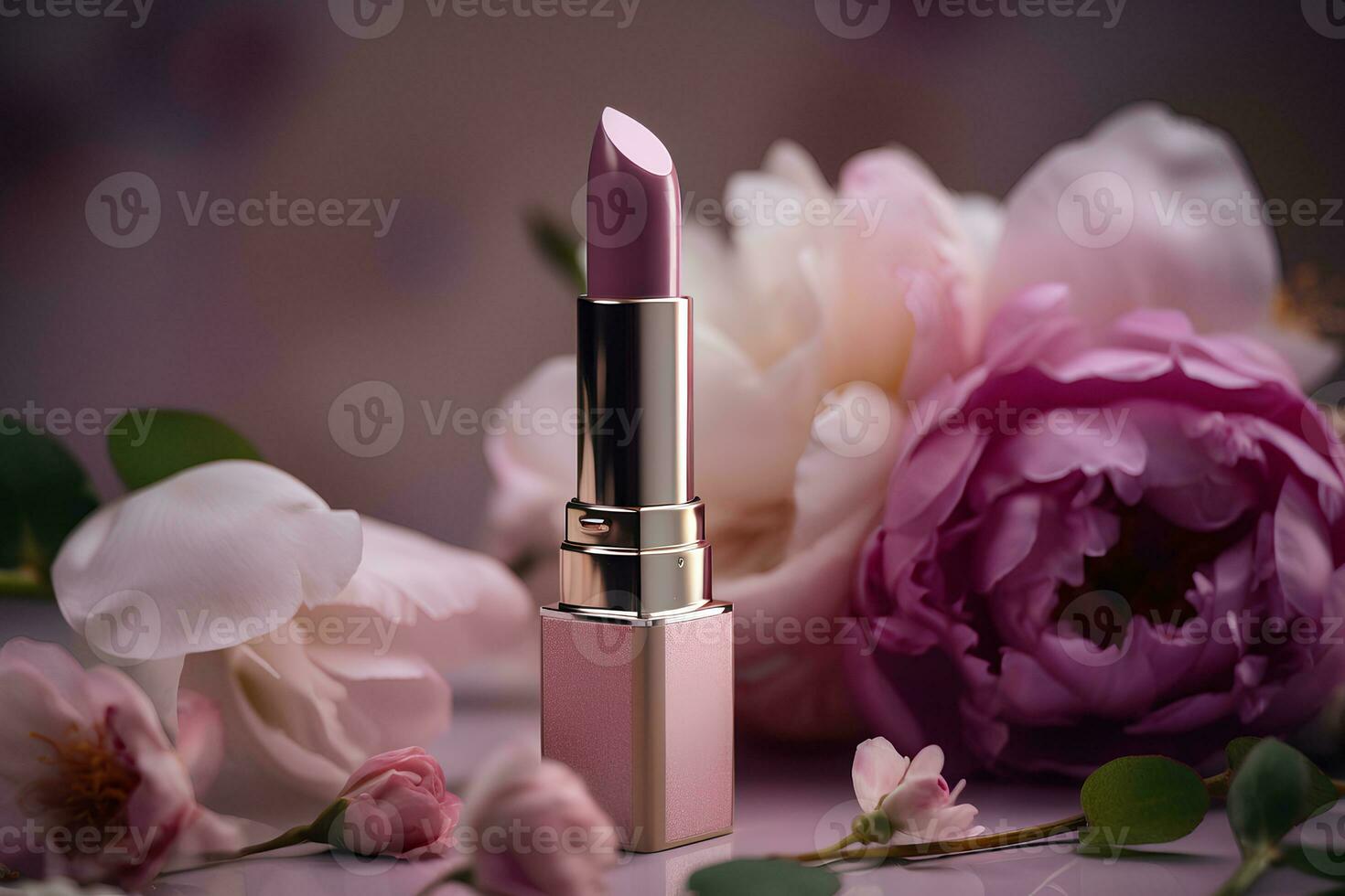Rosa Lippenstift im Blühen Blumen, kosmetisch und bilden Produkt, fotorealistisch Bild, kommerziell Werbung. ai generativ Illustration. foto