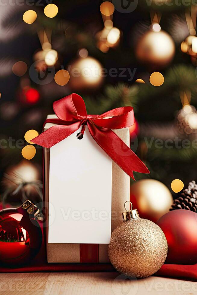 Weihnachten Geschenk Box mit leer Etikett Attrappe, Lehrmodell, Simulation und verwischen Bokeh Licht ai generiert foto