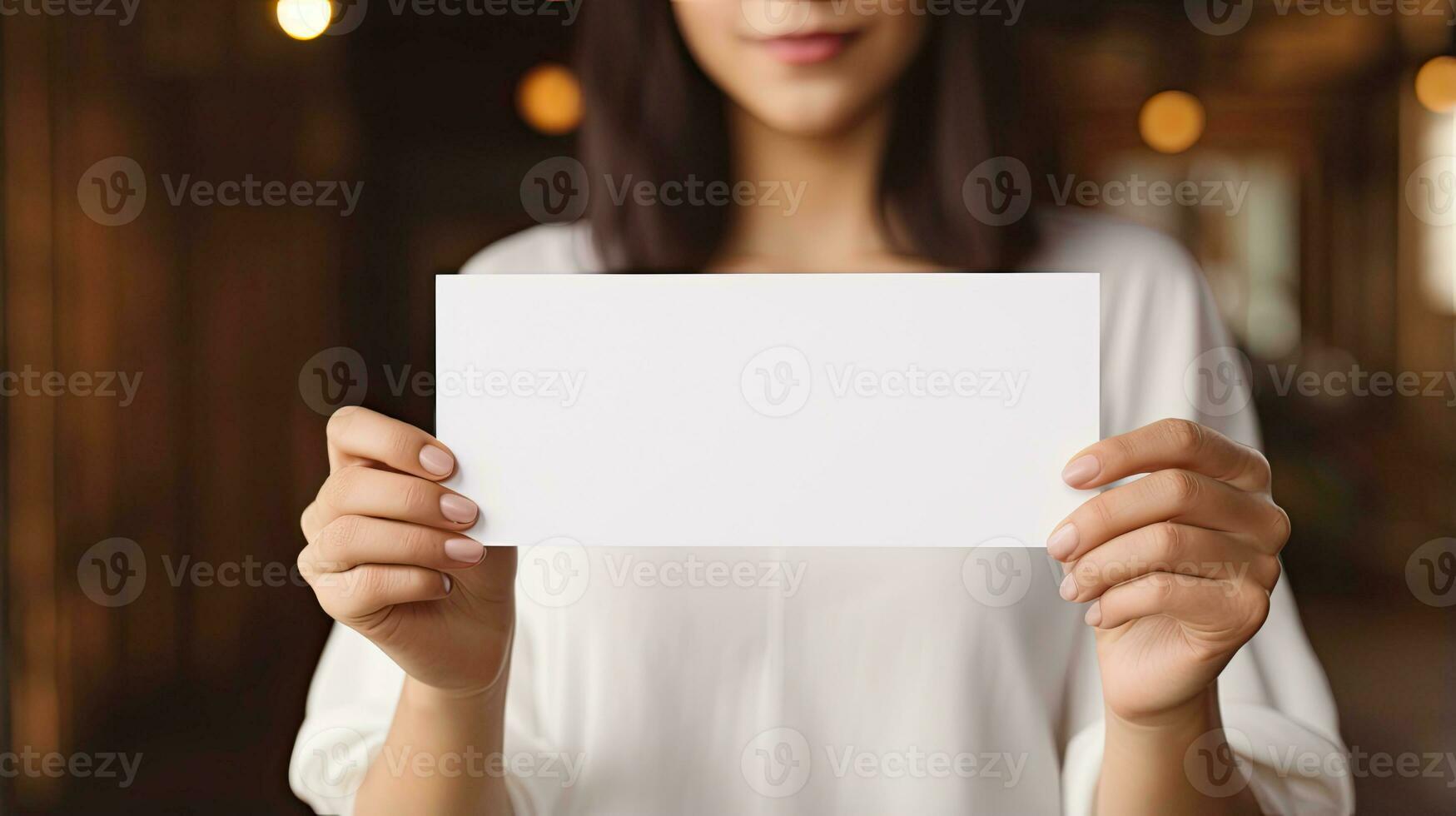 Nahansicht Frau halten leer Geschäft Karte oder ein Fahrkarte, Einladung, Coupon Design zum spotten oben ai generiert foto