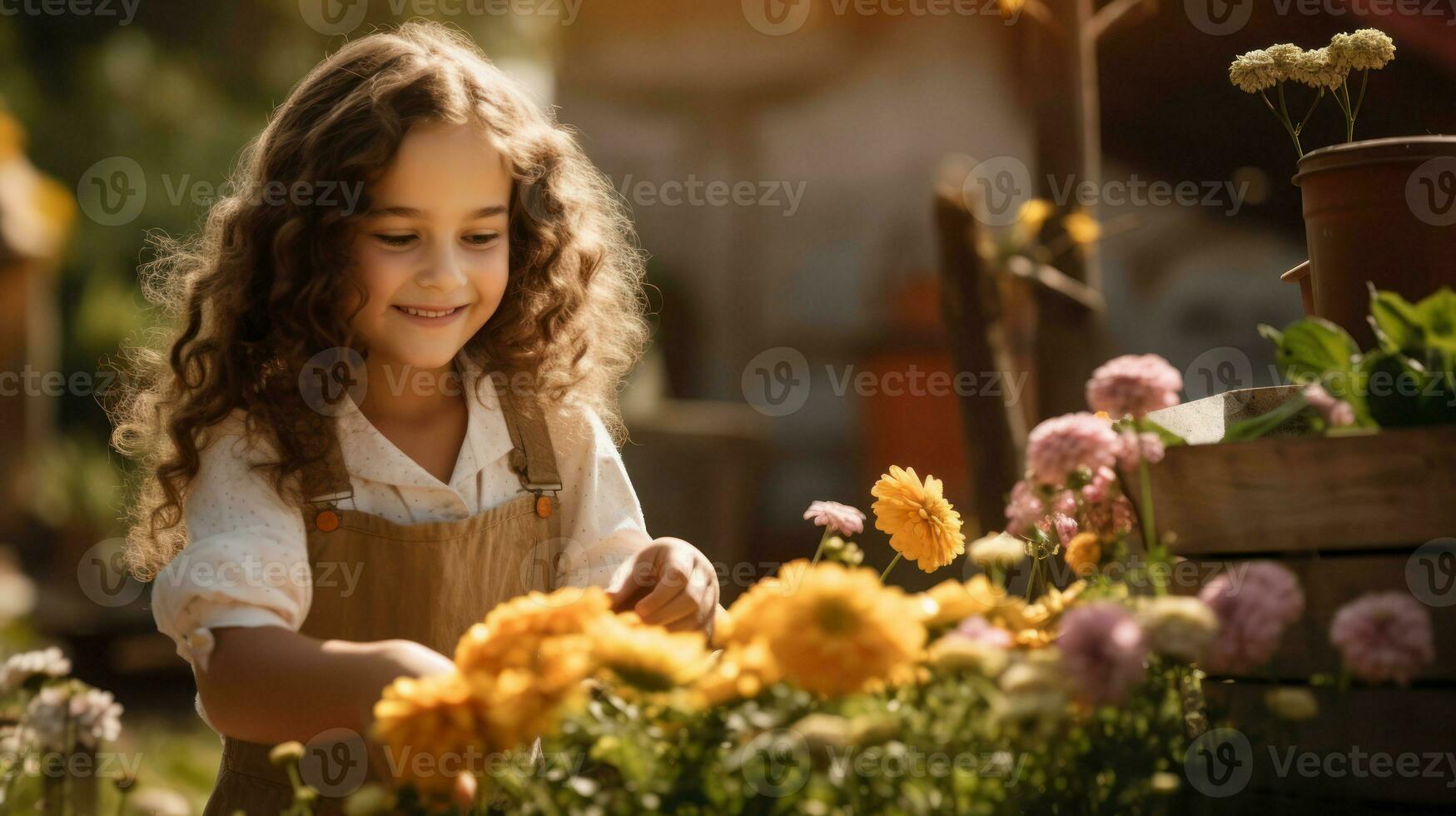 lächelnd wenig Mädchen nehmen Pflege und Pflanze Blumen im das Garten oder ein Bauernhof ai generiert foto