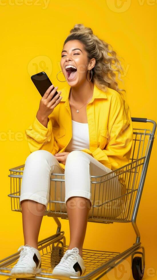aufgeregt Frau Lachen und mit Smartphone im Einkaufen Wagen Wagen auf Gelb Hintergrund ai generiert foto