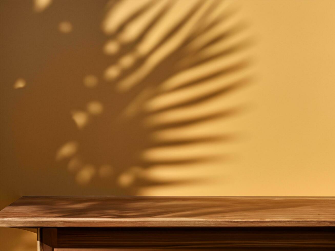 spotten oben zum Präsentation, branding Produkte, Kosmetika, Essen oder Schmuck. leeren Tabelle auf hell braun Mauer Hintergrund. Komposition mit Blätter Schatten auf das Mauer und hölzern Schreibtisch. foto