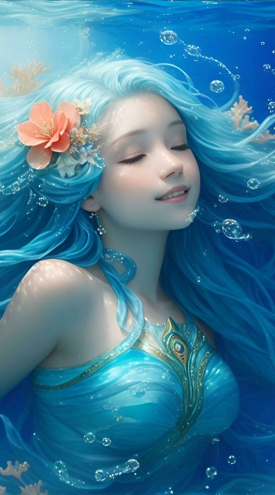 das Blau Wassermann Meerjungfrau im das tief Ozean, unglaublich Schön, ai generiert foto