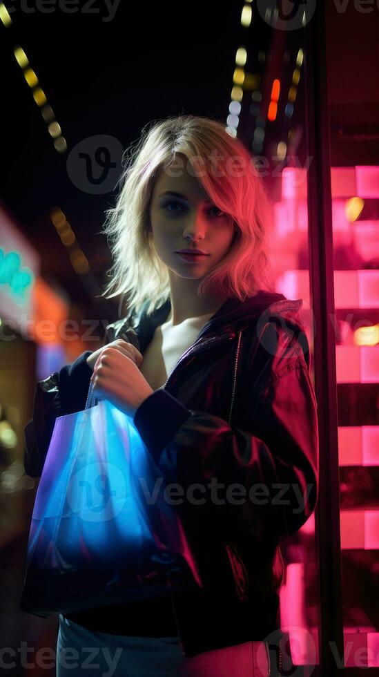 Frau im Neon- Licht Cyberpunk dunkel Hintergrund mit Einkaufen Taschen im schwarz Freitag, Cyber Montag Der Umsatz Konzept ai generiert foto