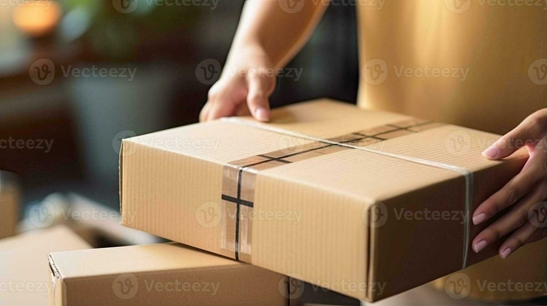 schließen oben Hände geben ein Verpackung Lieferung Karton Box ai generiert foto