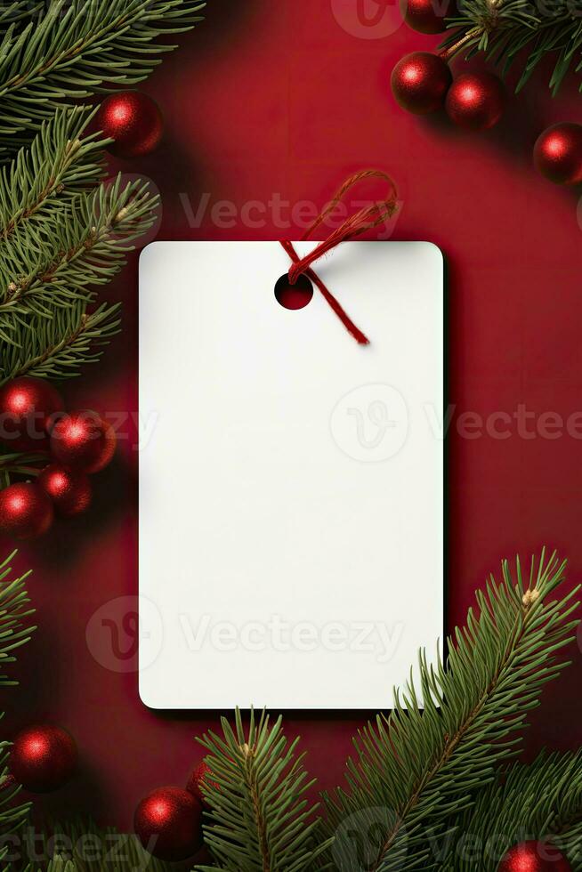 modern Geschenk Etikett zum Weihnachten Urlaub Attrappe, Lehrmodell, Simulation auf rot Hintergrund ai generiert foto