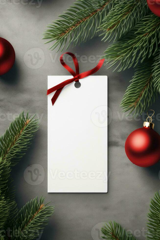 modern Geschenk Etikett zum Weihnachten Urlaub Attrappe, Lehrmodell, Simulation auf grau schwarz Hintergrund ai generiert foto