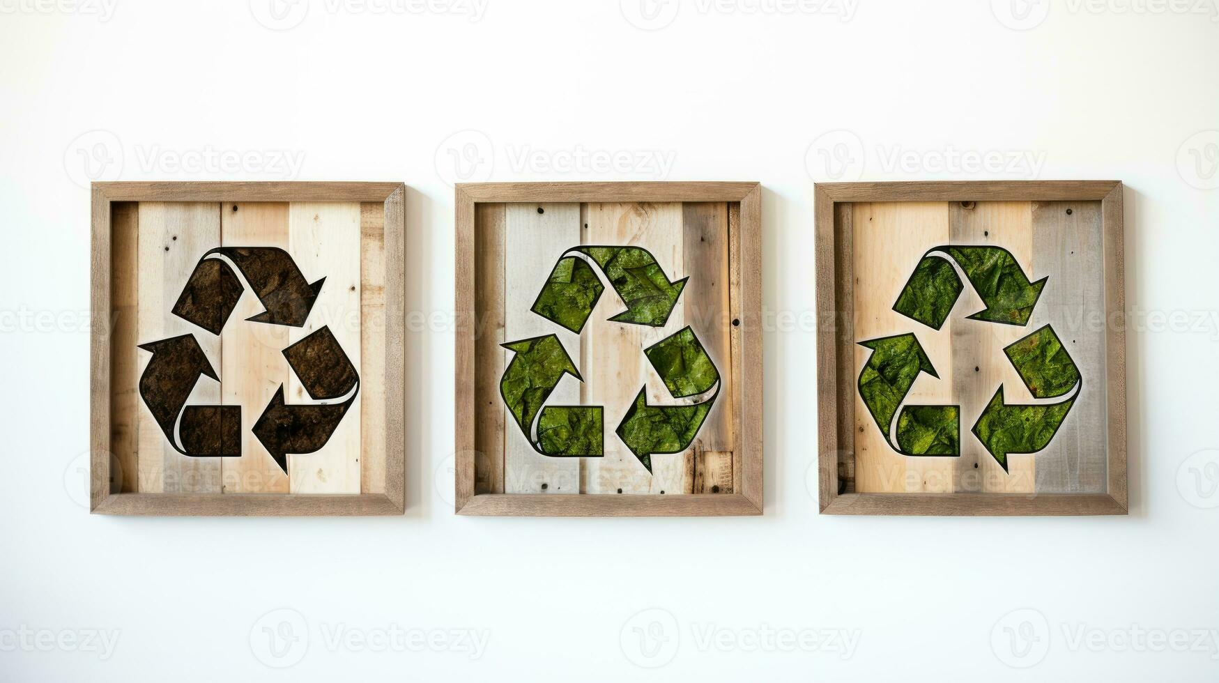 einstellen Grün Recycling Zeichen auf hölzern Box isoliert Weiß Hintergrund ai generiert foto
