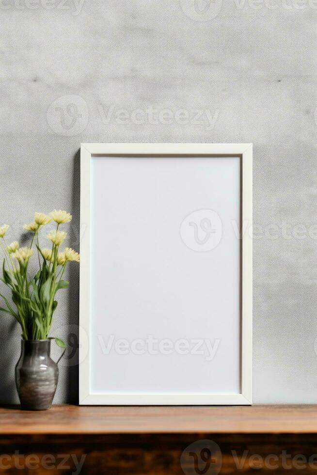 leer Vertikale Bild Rahmen Attrappe, Lehrmodell, Simulation hängend auf ein einfach Mauer mit hölzern Schreibtisch Tabelle und Blume Vase ai generiert foto