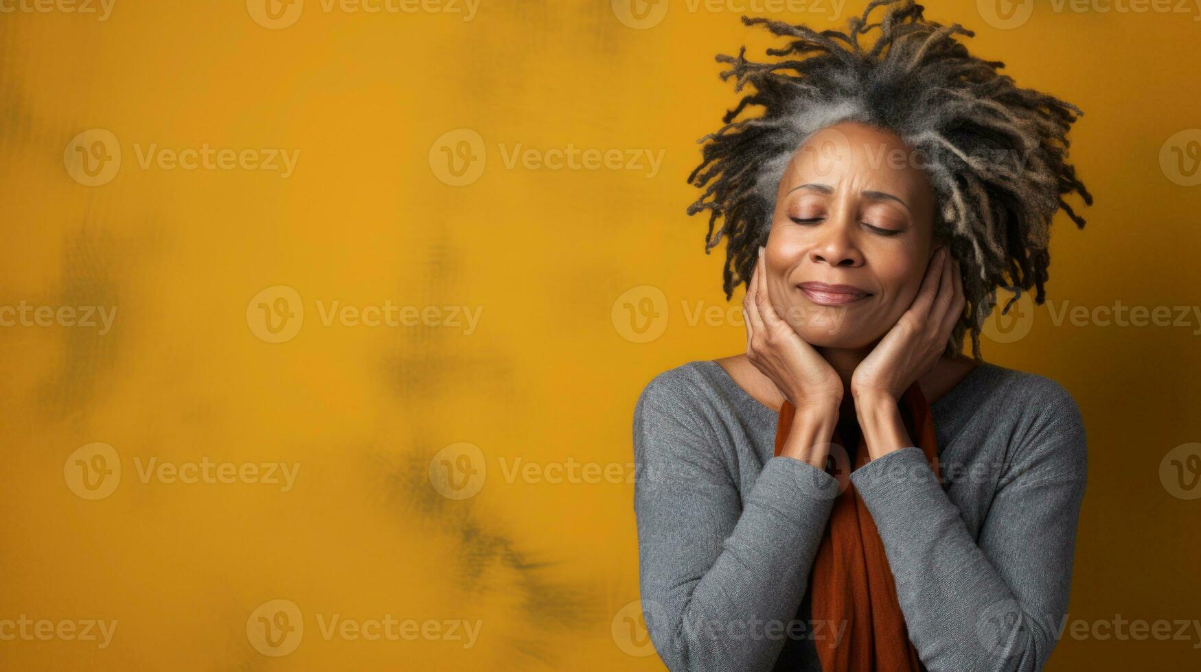 glücklich reifen afrikanisch Frau lächelnd fröhlich Umarmen ihr natürlich Körper mit Dreadlocks mit Copyspace ai generiert foto