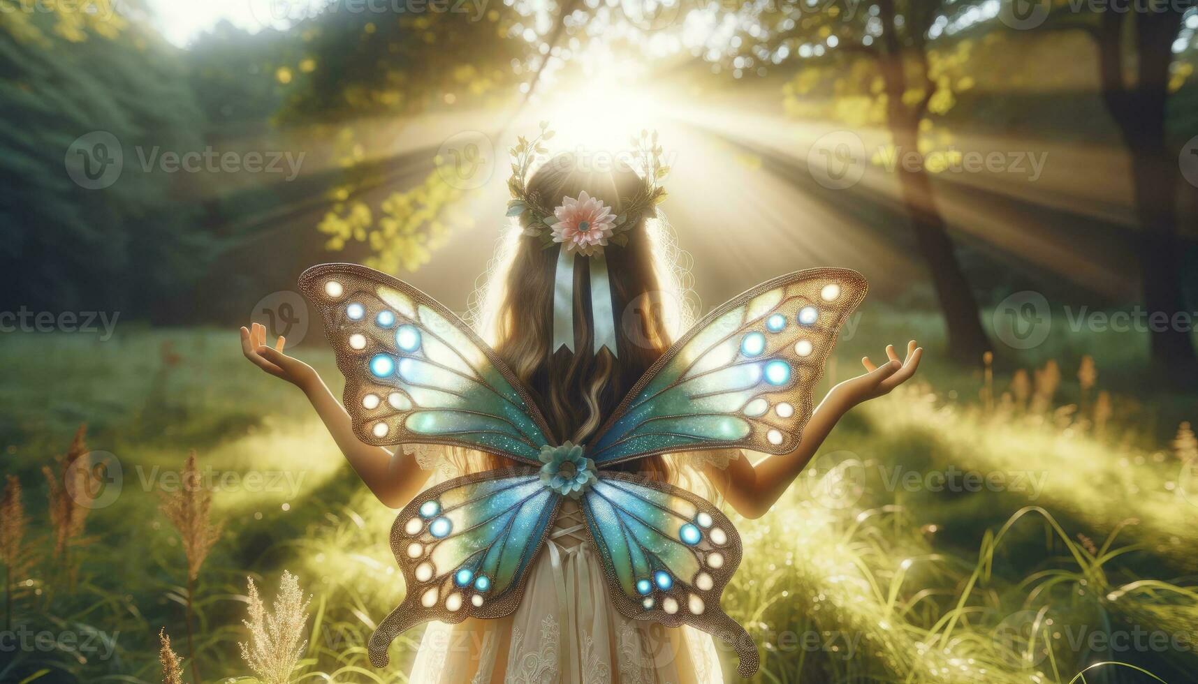 Foto von ein jung Mädchen mit strahlend Schmetterling Flügel sprießen von ihr zurück, Stehen im ein sonnendurchflutet Wiese mit ihr Hände erreichen gegenüber das Himmel. ai generativ