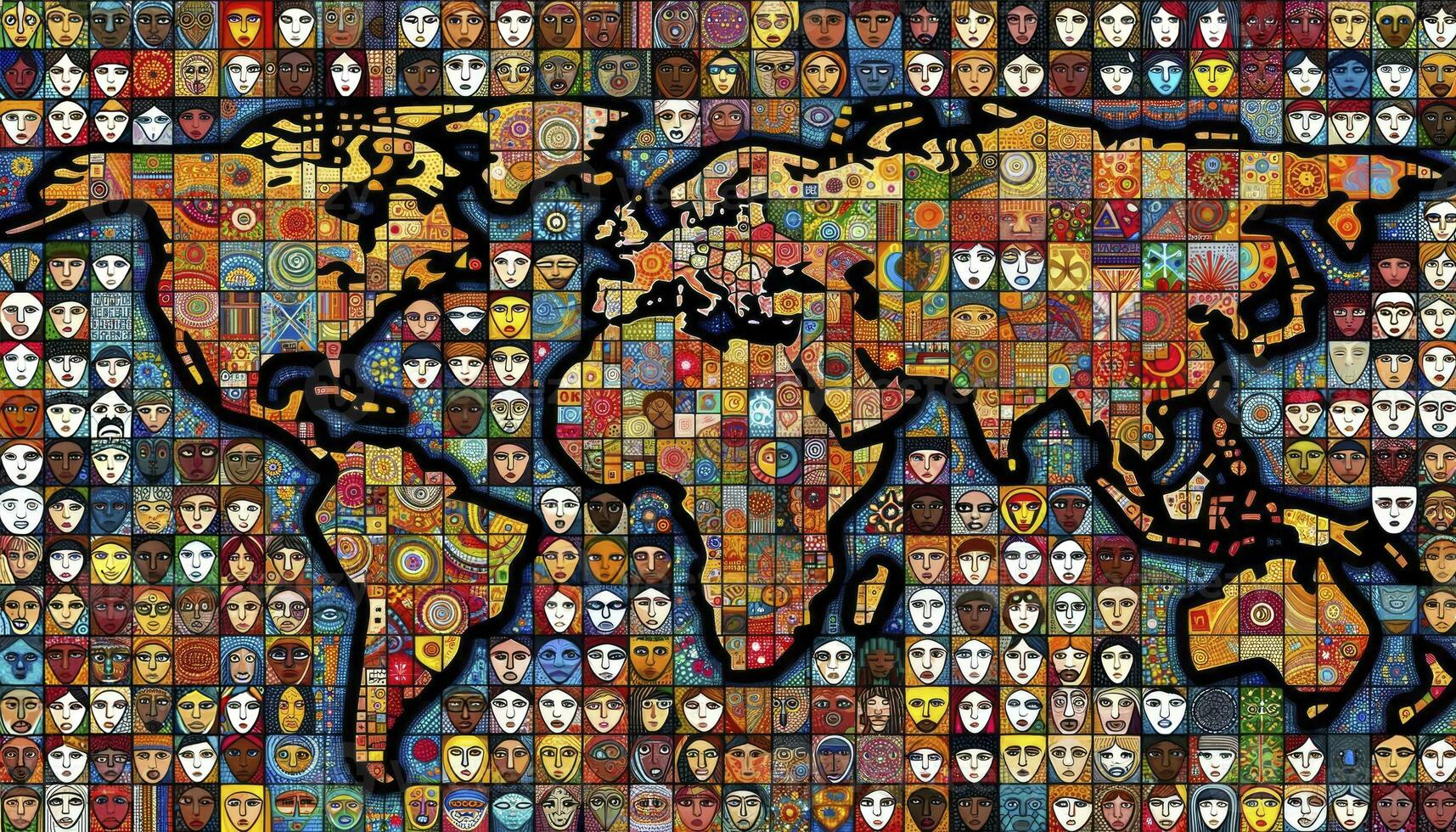 ein Illustration abbilden ein bunt Mosaik Das Formen ein Welt Karte, mit jeder Fliese Darstellen anders Gesichter und kulturell Symbole, betonen global Einheit und Diversität. ai generativ foto