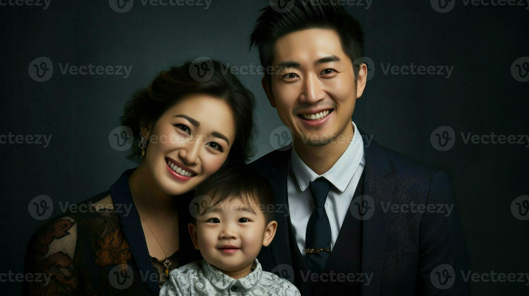 asiatisch Paar hält ihr wenig Junge zwischen ihnen, ihr lächelt ausstrahlen Liebe.. generativ ai foto