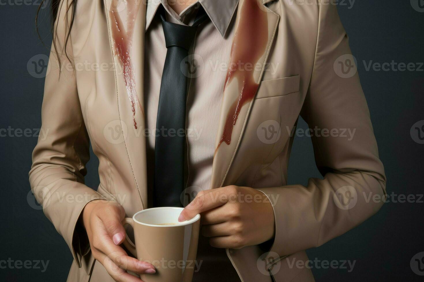 Frau zeigen beflecken von Kaffee ihr Jacke sauber. generieren ai foto