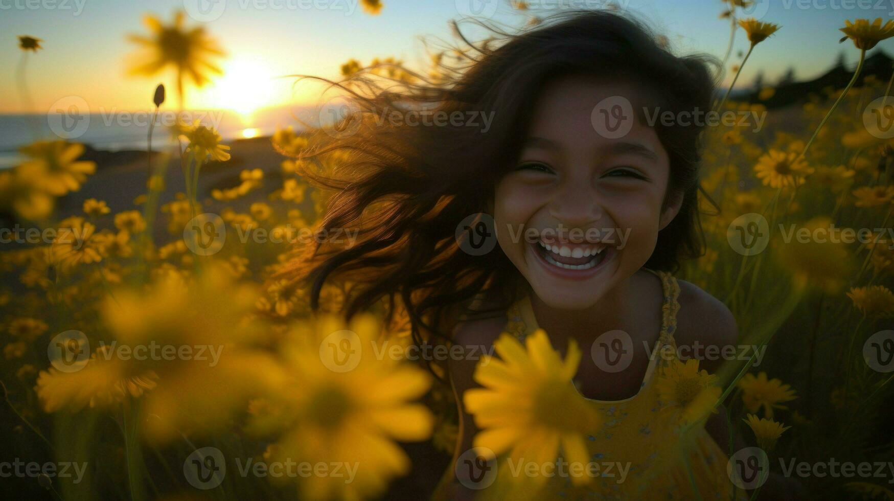 ein heiter Mädchen mit ihr Haar weht im das Wind unter Gelb Blumen.. generativ ai foto