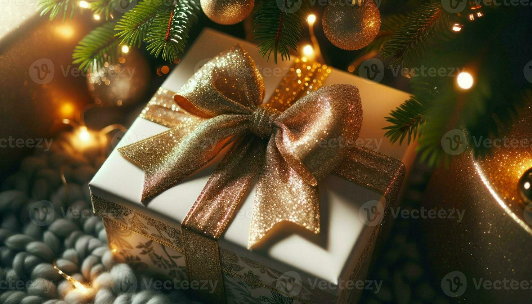 Nahansicht Bild von ein schön eingewickelt Weihnachten Geschenk, geschmückt mit ein schimmernd Gold Bogen und eingebettet unter ein Weihnachten Baum.. generativ ai foto