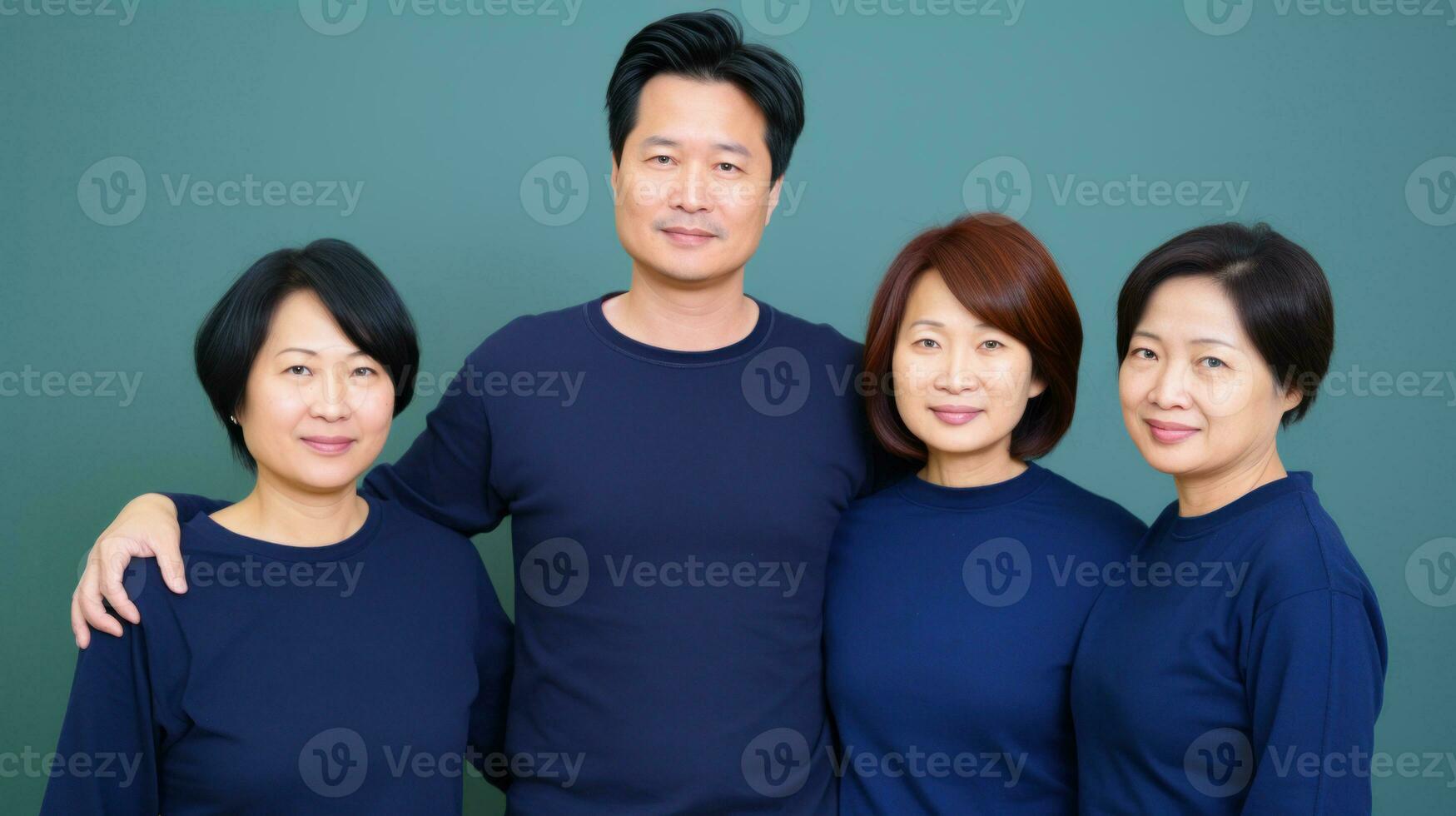 asiatisch Familie von vier posieren zum ein formal Porträt.. generativ ai foto