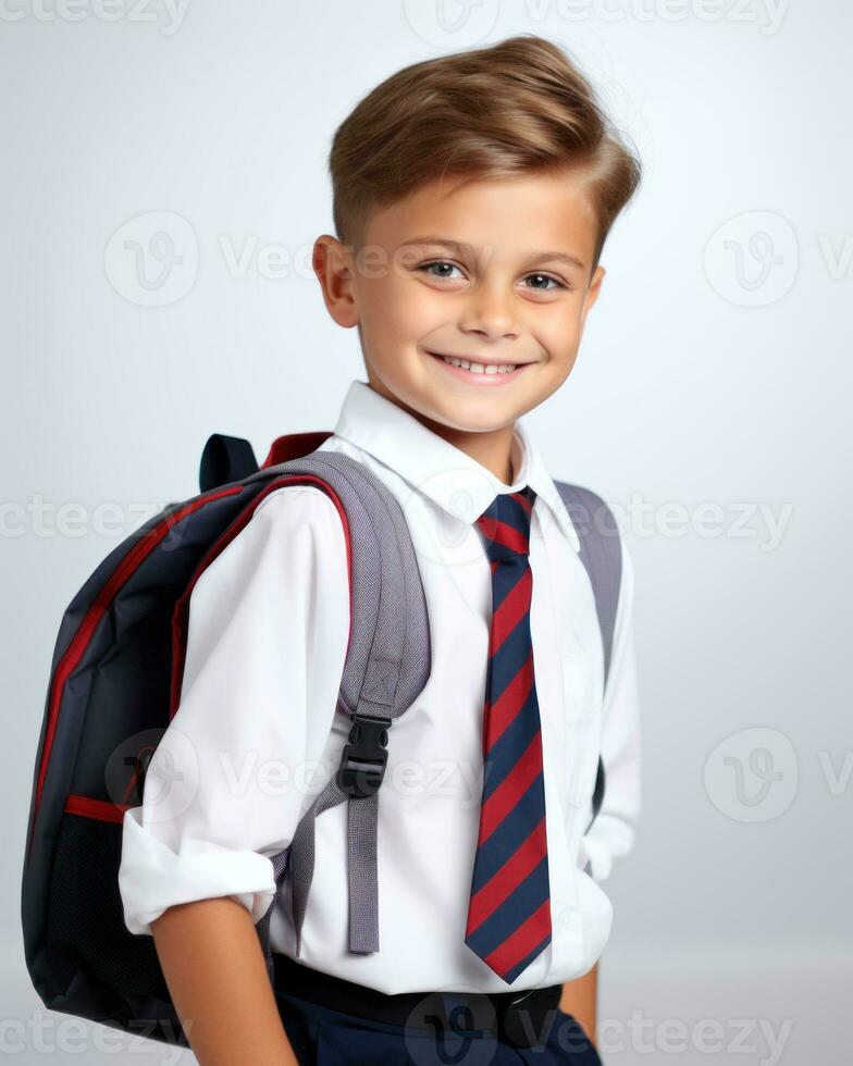 klein Junge im Schule Uniform mit Rucksack im Vorderseite von Weiß Hintergrund. generativ ai foto