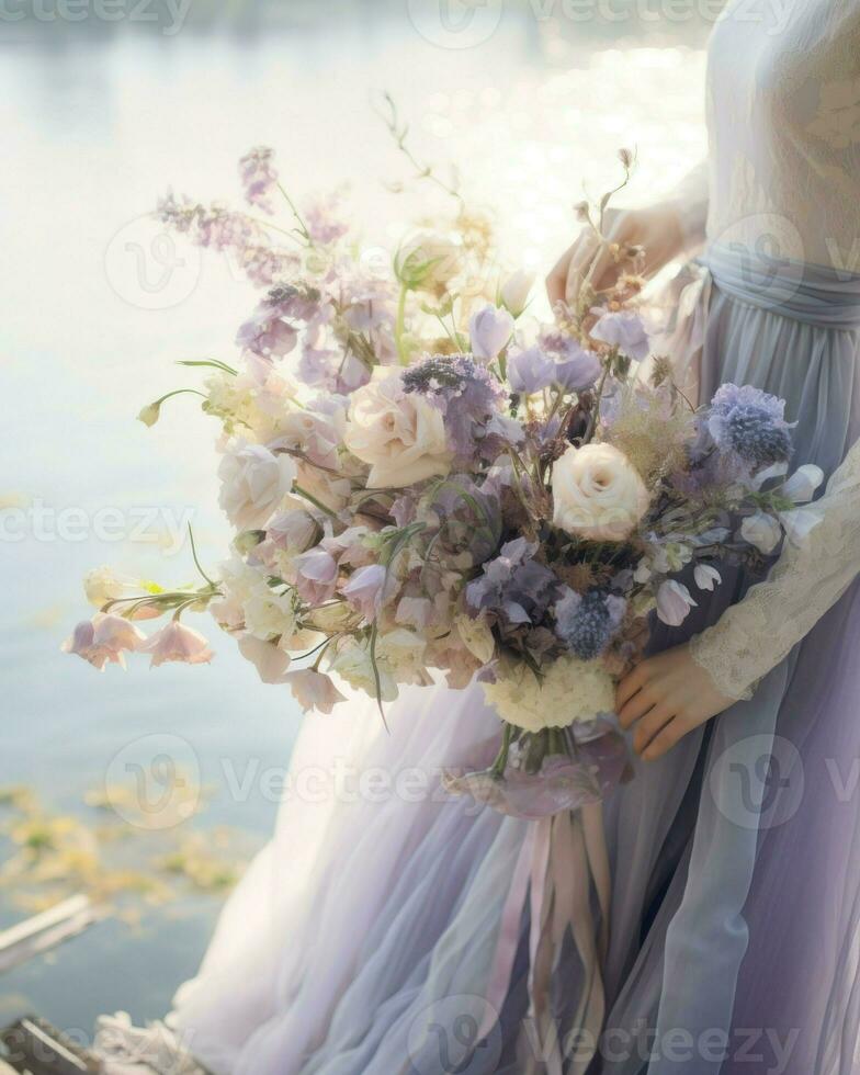 Braut halten Strauß von Blumen auf ihr Hochzeit Tag.. generativ ai foto