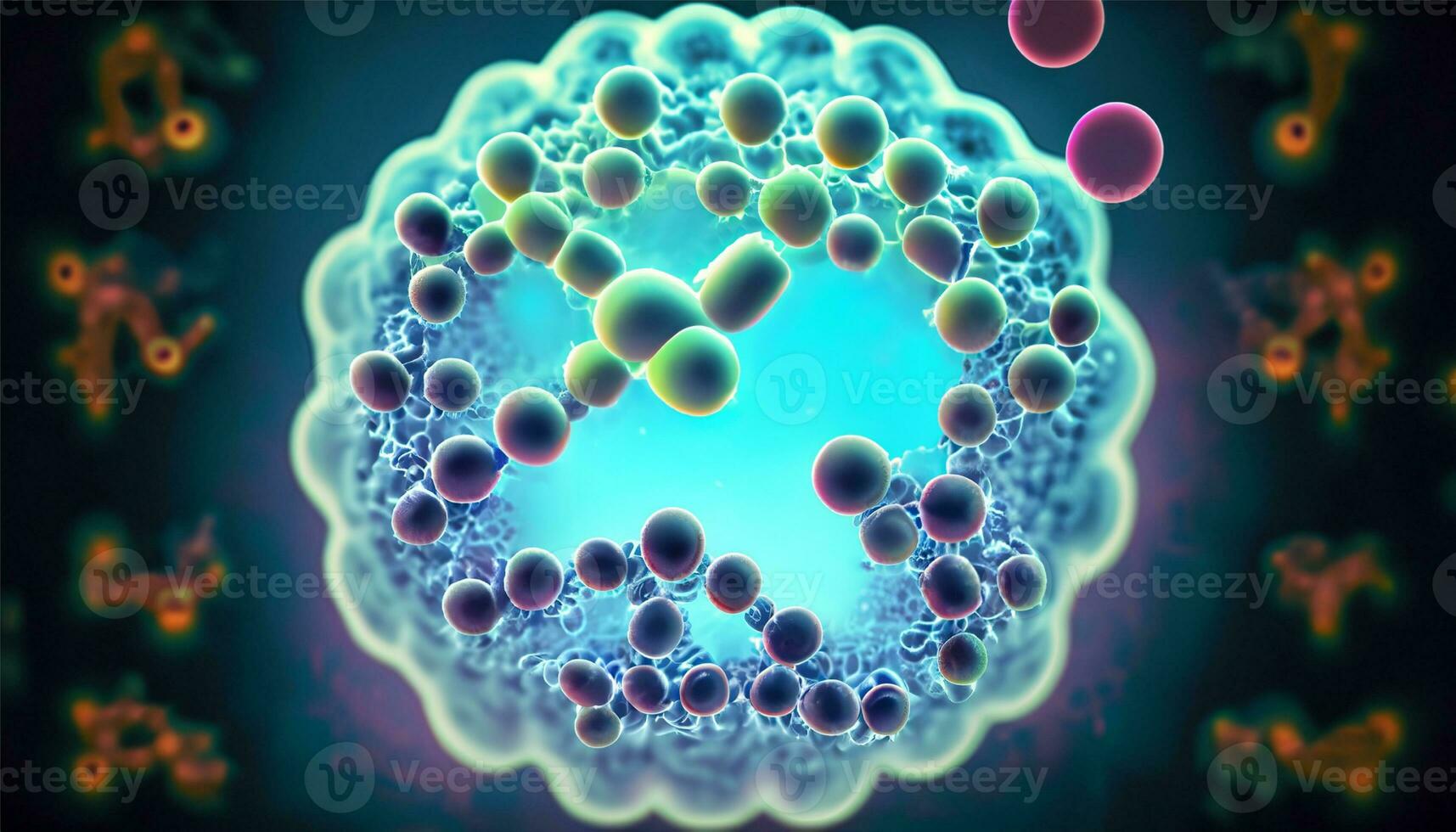 vergrößert molekular Struktur ai generieren von Bakterien verursachen Krankheit auf glühend Hintergrund foto