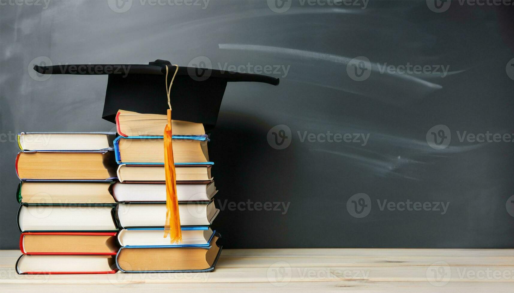 Anordnung von anders Bücher auf Tabelle mit Abschluss Deckel auf schwarz Tafel Hintergrund ai generieren foto