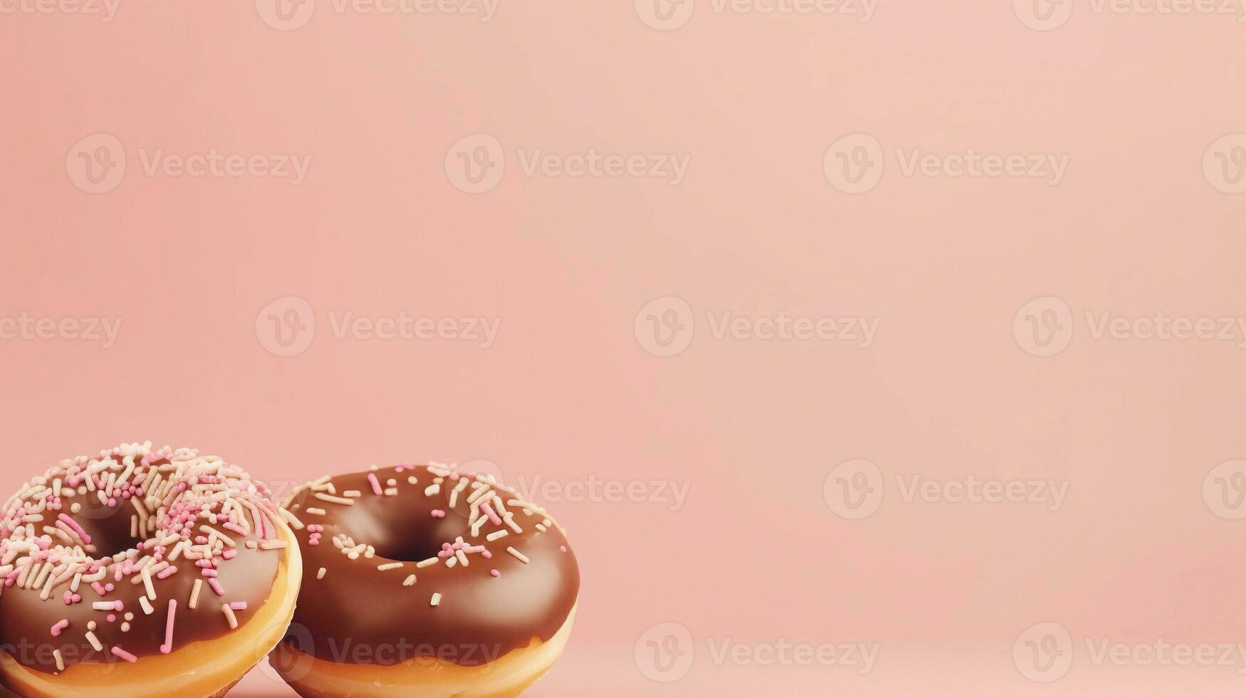 köstlich Donuts auf ein Licht braun Hintergrund mit Raum zum Text auf das Seite, Hintergrund Bild, ai generiert foto