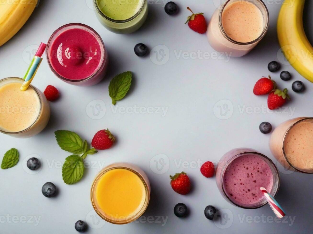 texturiert Hintergrund umgeben durch köstlich Smoothies von oben Sicht, Hintergrund Bild, generativ ai foto