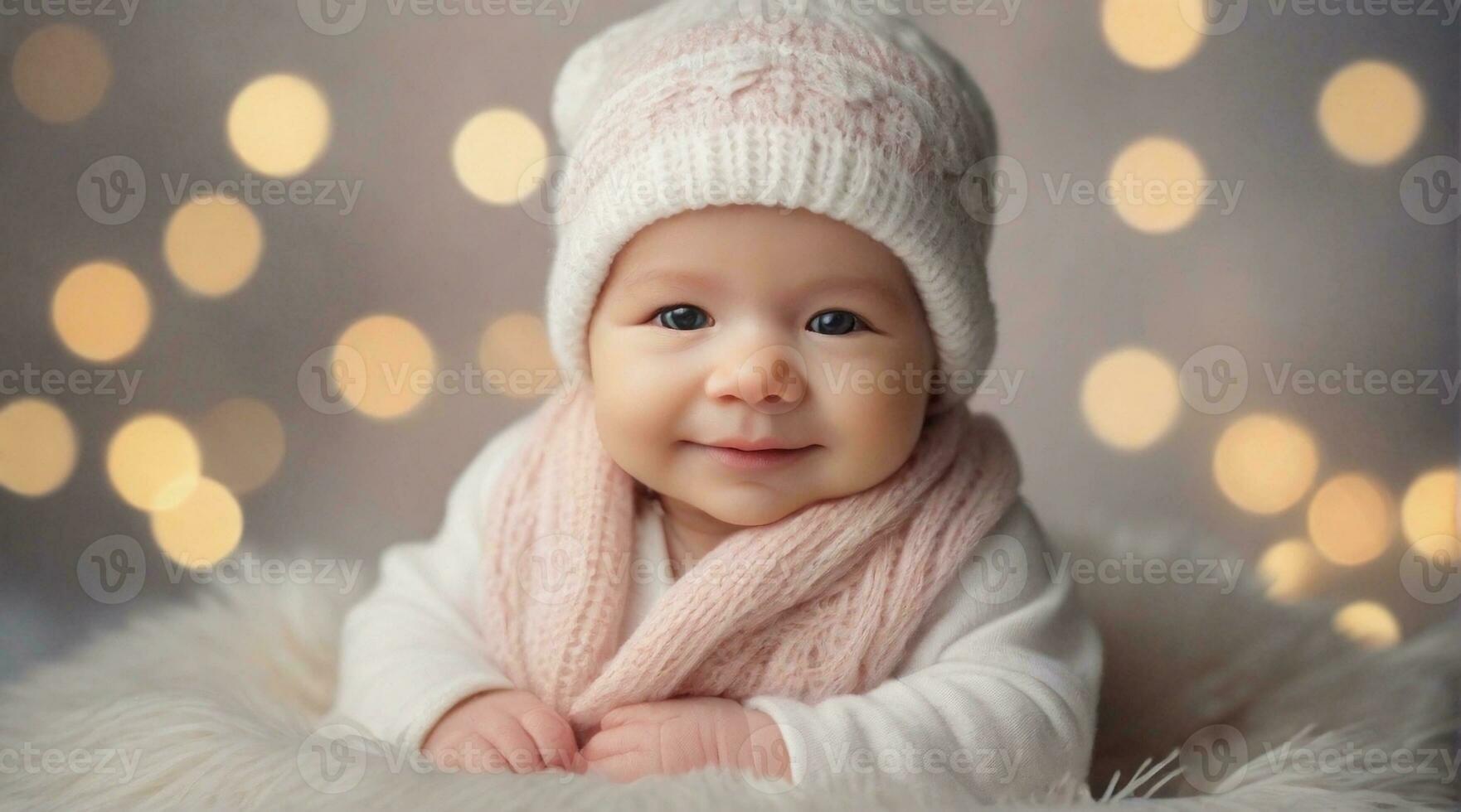 ein lächelnd Neugeborene Baby Mädchen gegen Winter Ambiente Hintergrund mit Raum zum Text, Kinder Hintergrund Bild, ai generiert foto