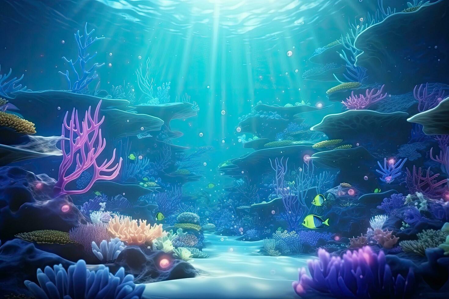 unter Wasser Welt mit Korallen und tropisch Fisch. 3d machen, unter Wasser Welt. Fantasie Landschaft von das unter Wasser Welt. 3d Wiedergabe, ai generiert foto