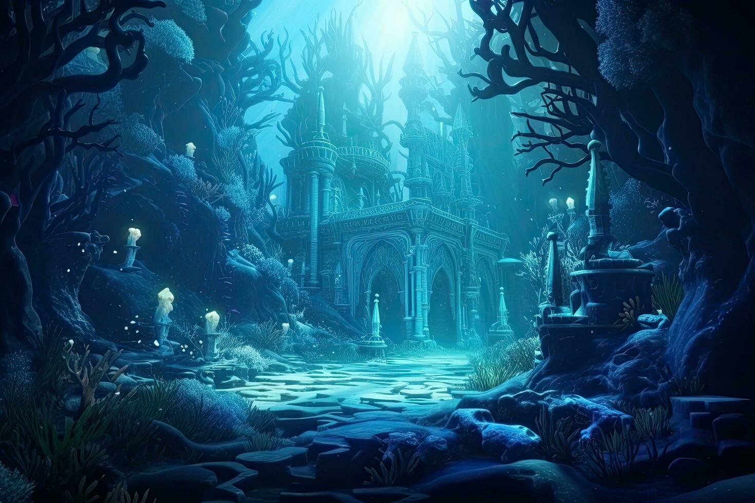 Fantasie Landschaft mit Fantasie Schloss im das Wald. 3d Wiedergabe, unter Wasser Welt. Fantasie Illustration von ein Fantasie Welt. 3d Wiedergabe, ai generiert foto