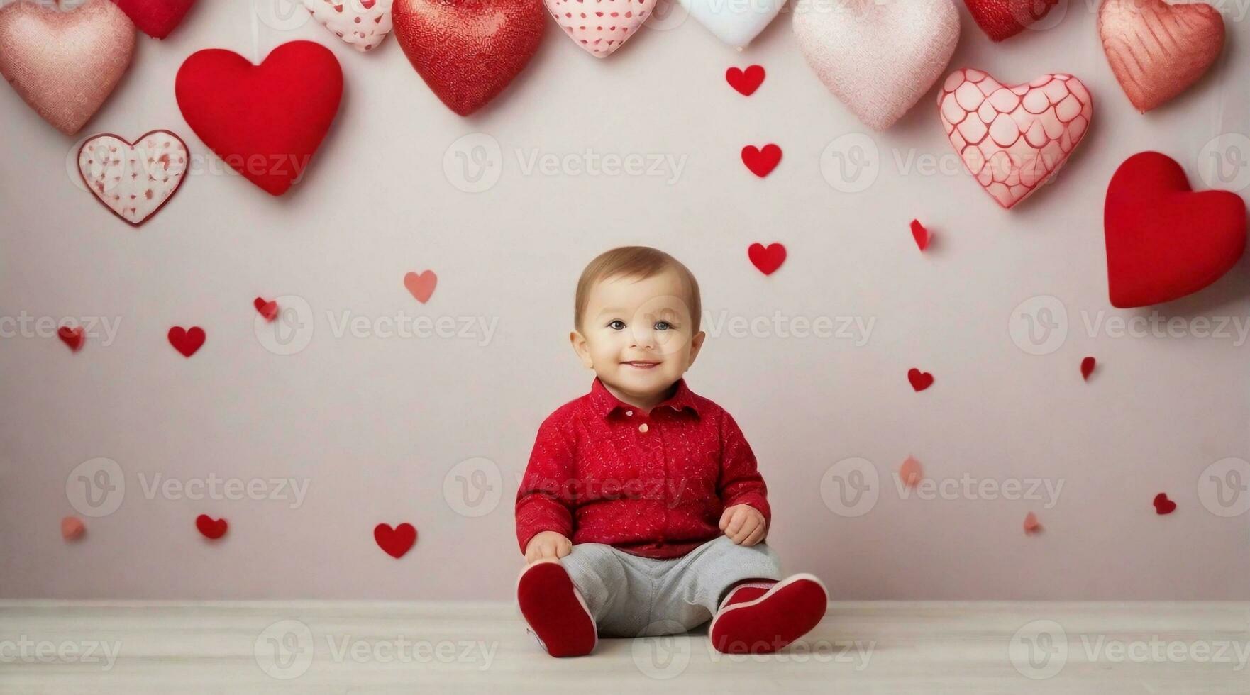 süß wenig Kleinkind Junge gegen Valentinstag Tag Ambiente Hintergrund mit Raum zum Text, Kinder Hintergrund Bild, ai generiert foto