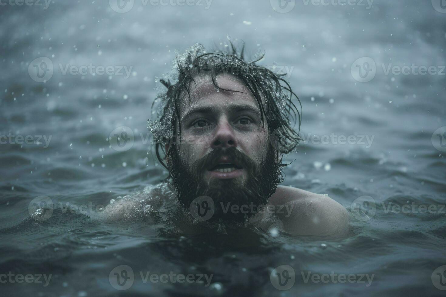 Mann Eintauchen im eisig Wasser auf Winter regnerisch Tag. generieren ai foto
