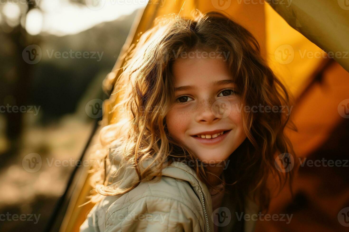 Porträt von süß wenig Mädchen beim Kamera während Stehen in der Nähe von Camping Zelt beim Sonnenuntergang ai generiert foto