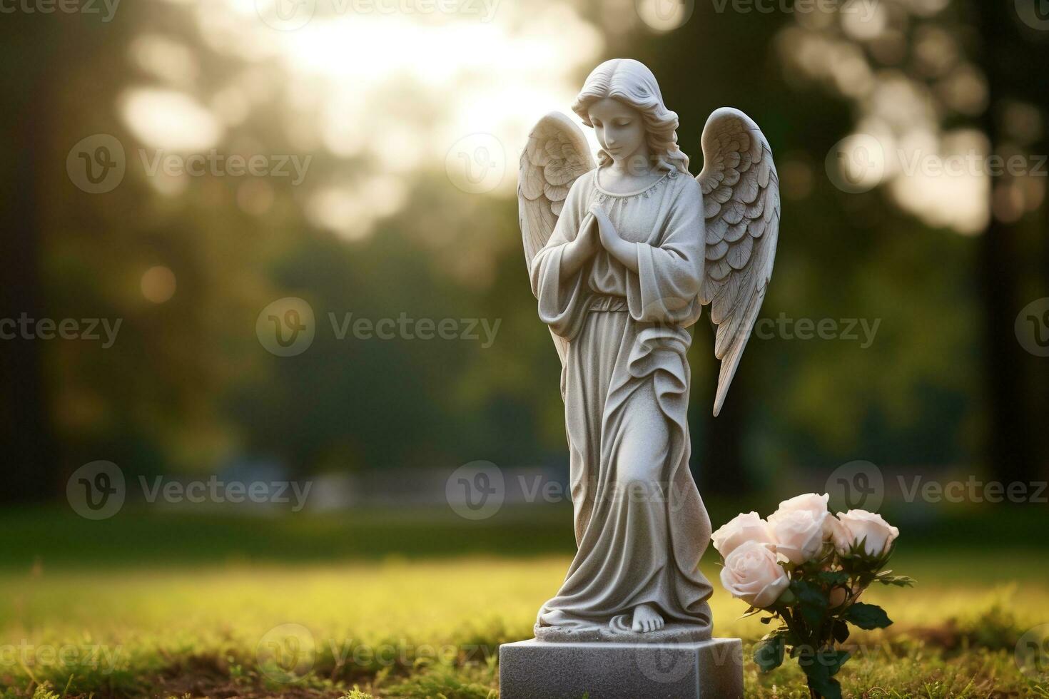 Engel Statue mit Weiß Rosen im das Friedhof.religiös Hintergrund ai generiert foto