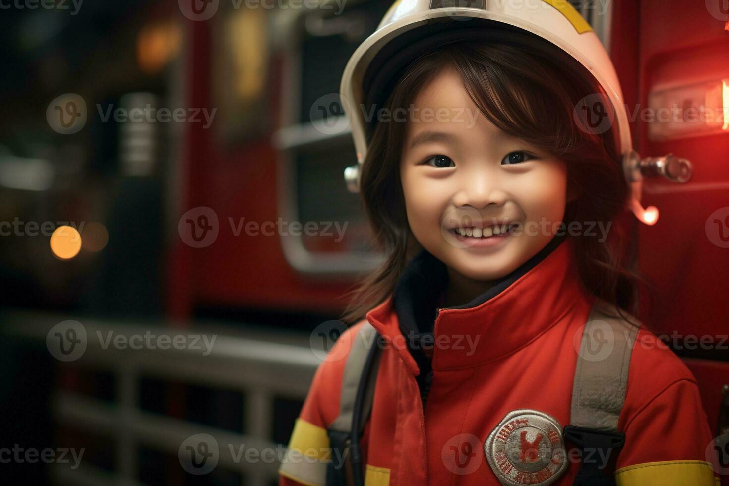 Porträt von ein süß wenig asiatisch Mädchen tragen ein Feuerwehrmann Uniform ai generiert foto