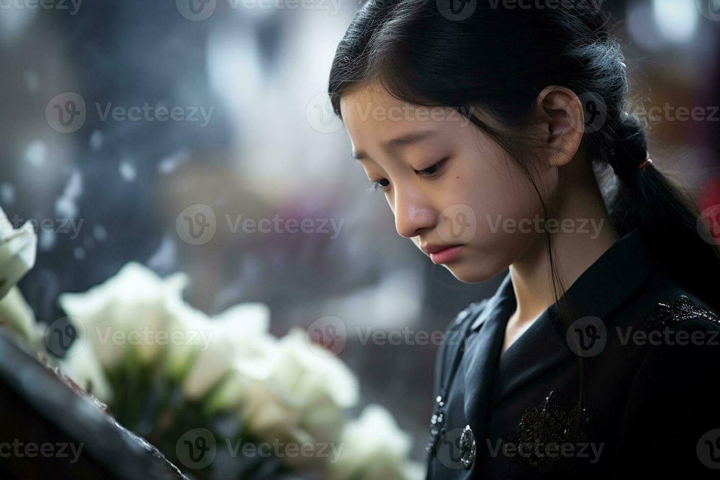 Porträt von ein wenig asiatisch Mädchen mit im das Friedhof, Beerdigung Konzept ai generiert foto