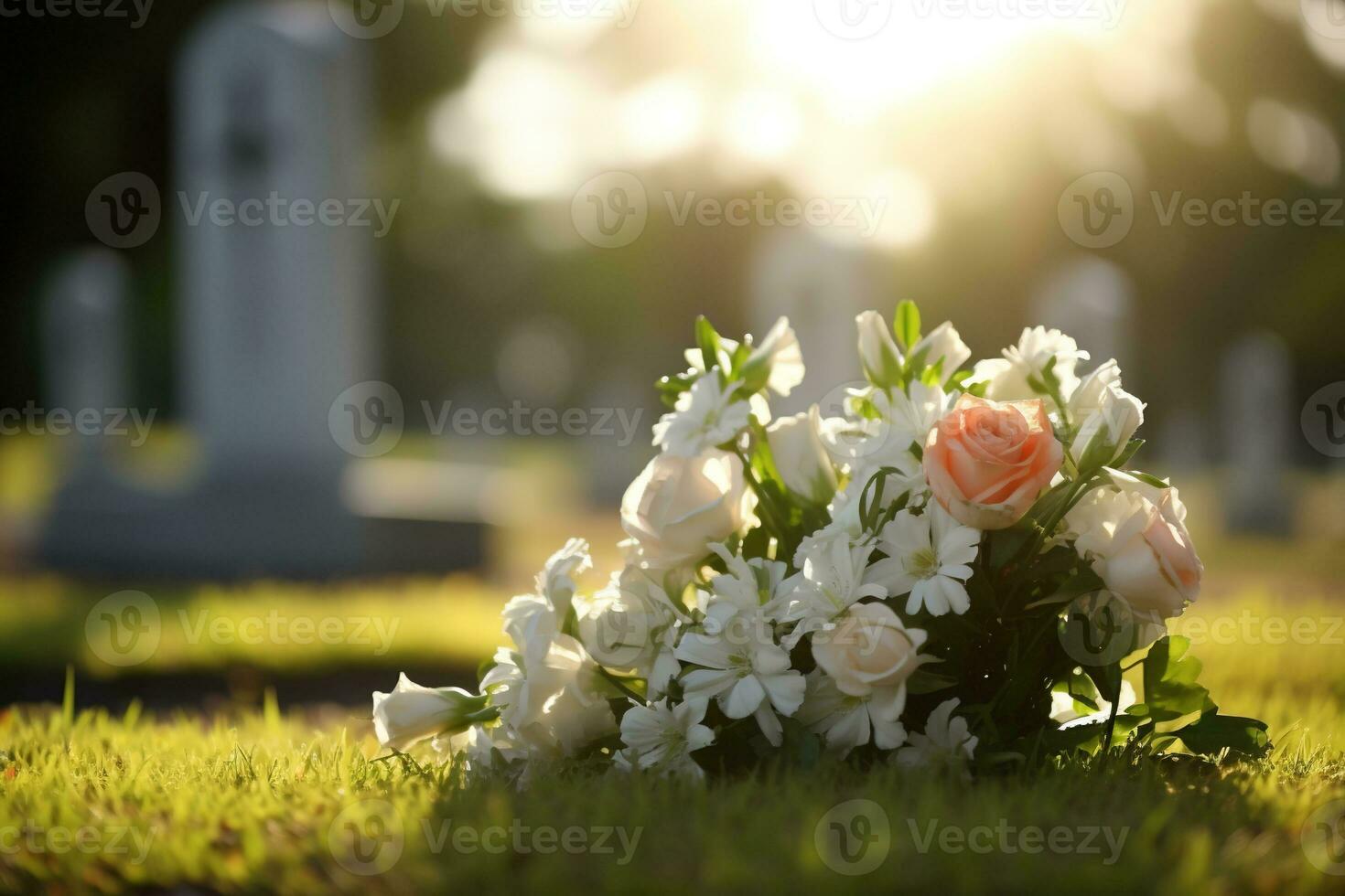 Weiß Blumen im Vorderseite von ein Grabstein beim ein Friedhof mit Sonnenuntergang.Beerdigung Konzept ai generiert foto