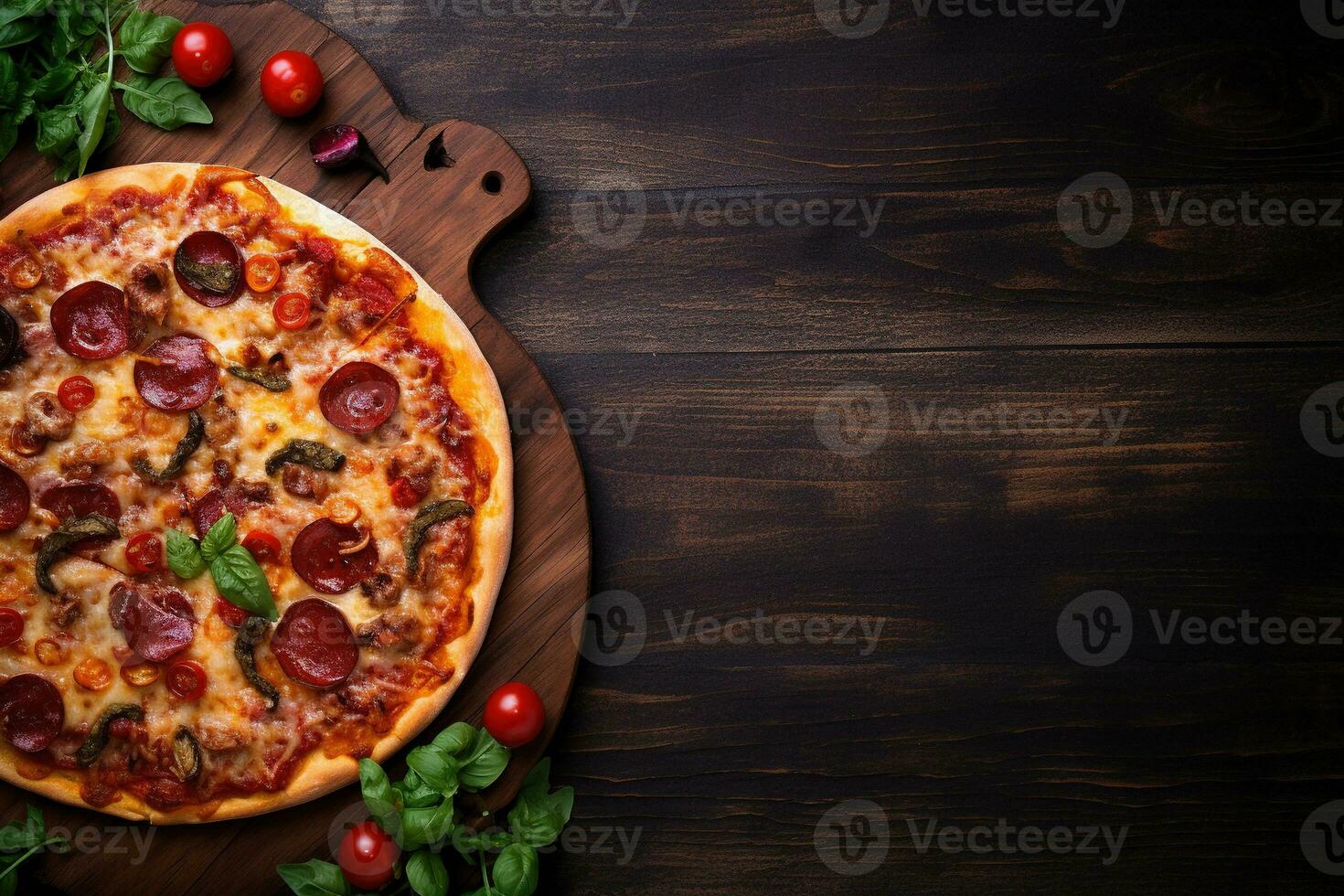 Peperoni Pizza auf ein dunkel Hintergrund. oben Aussicht mit Kopieren Raum. ai generiert foto