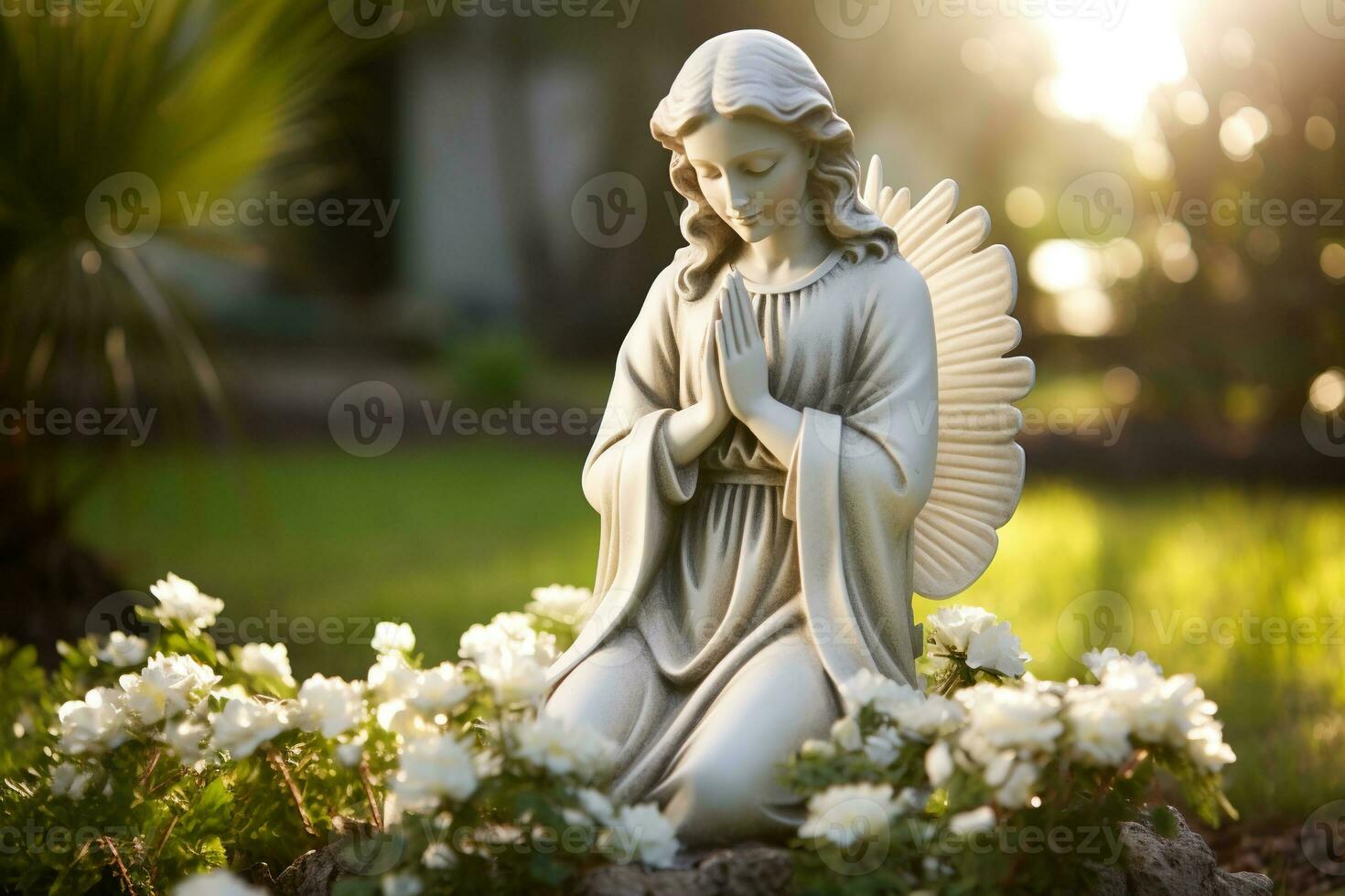 Engel Statue mit Weiß Rosen im das Friedhof.religiös Hintergrund ai generiert foto