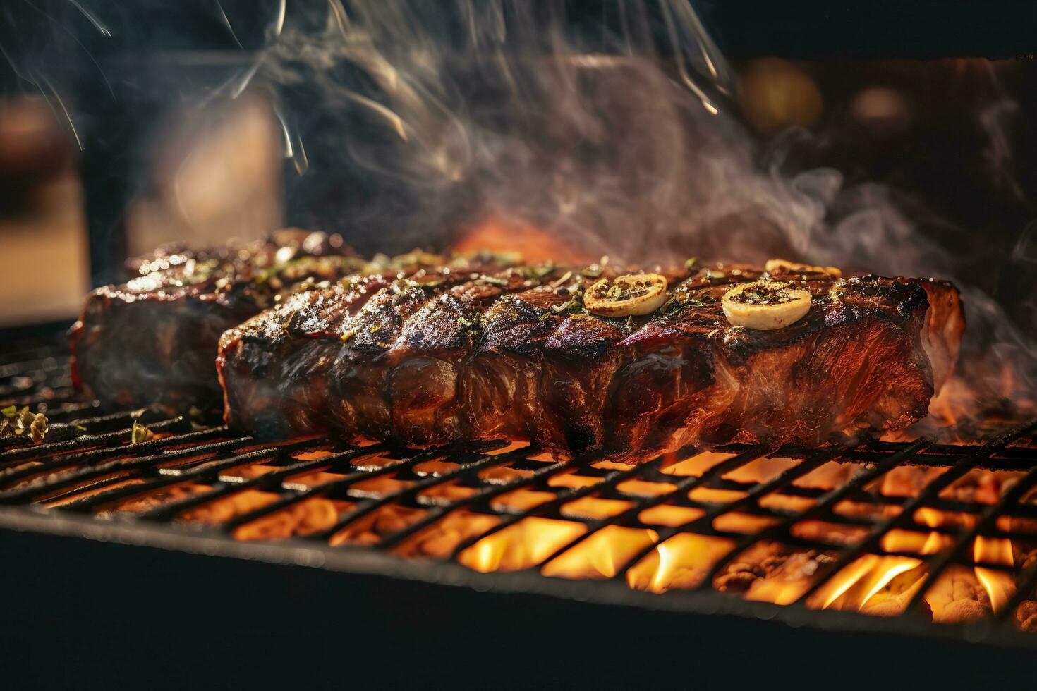 Fleisch Grillen auf ein Holzkohle Grill mit Rauch steigend. ai generiert foto